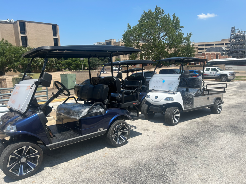 Blue and white rental golf cart