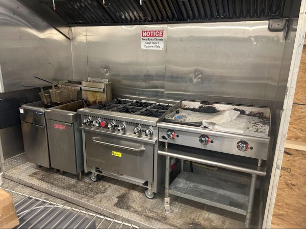 Interior of a fully equipped mobile kitchen designed for high‑volume cooking.