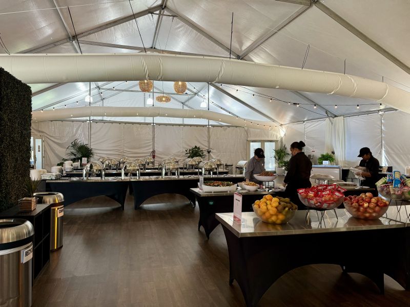 Large empty temporary dining hall tent