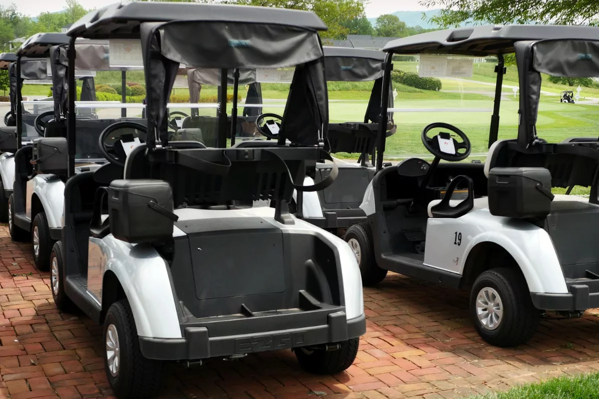 Blue and white rental golf cart