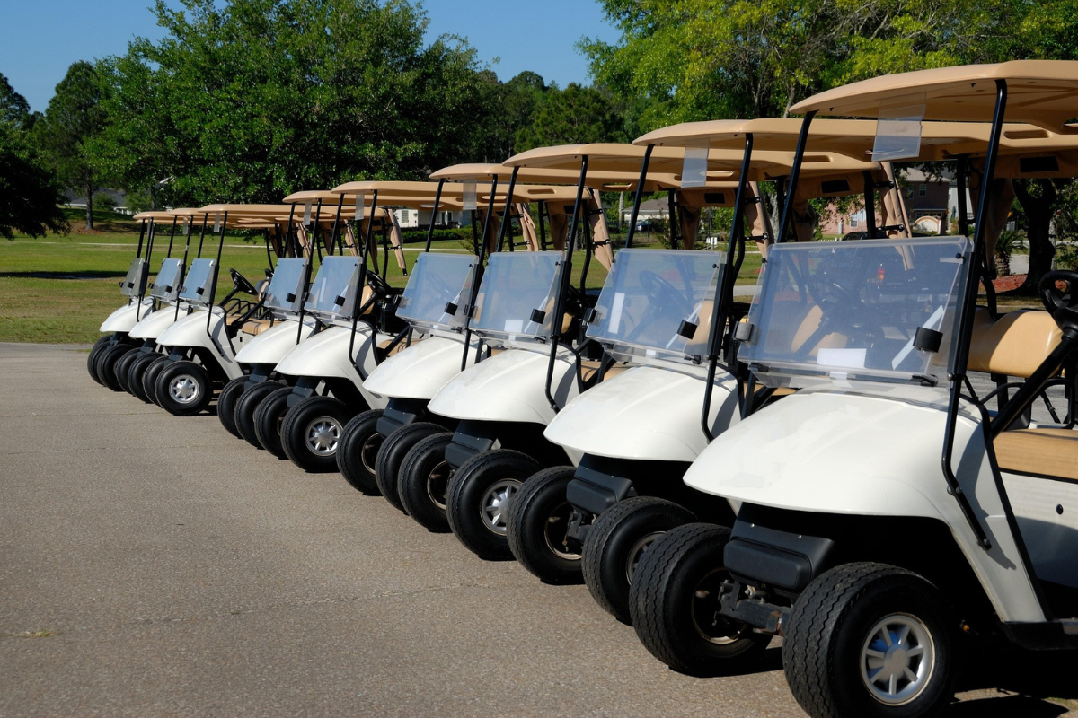 Blue and white rental golf cart