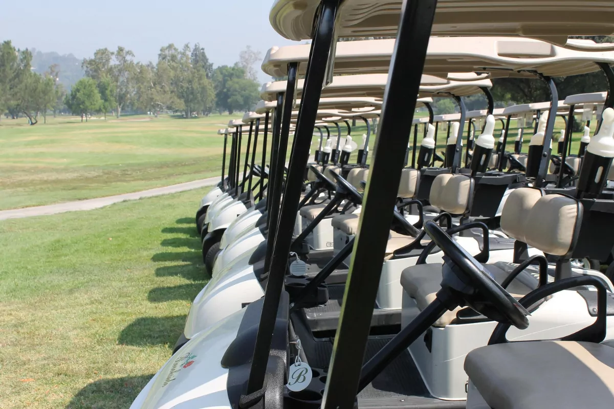 Blue and white rental golf cart