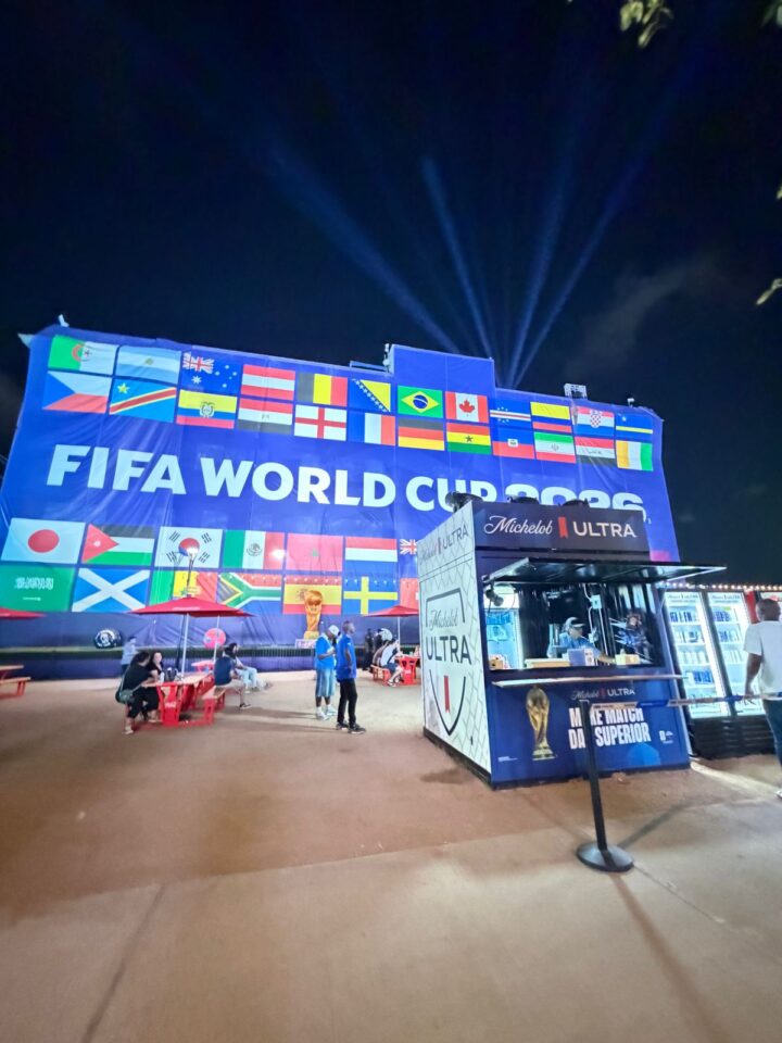 Branded container bar at a World Cup fan festival at night