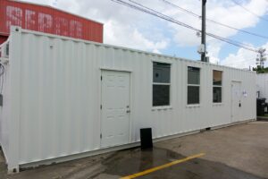 Container office with keyed front door and windows