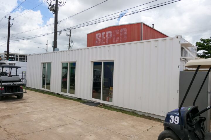 White 8 x 40 container office with sliding glass doors